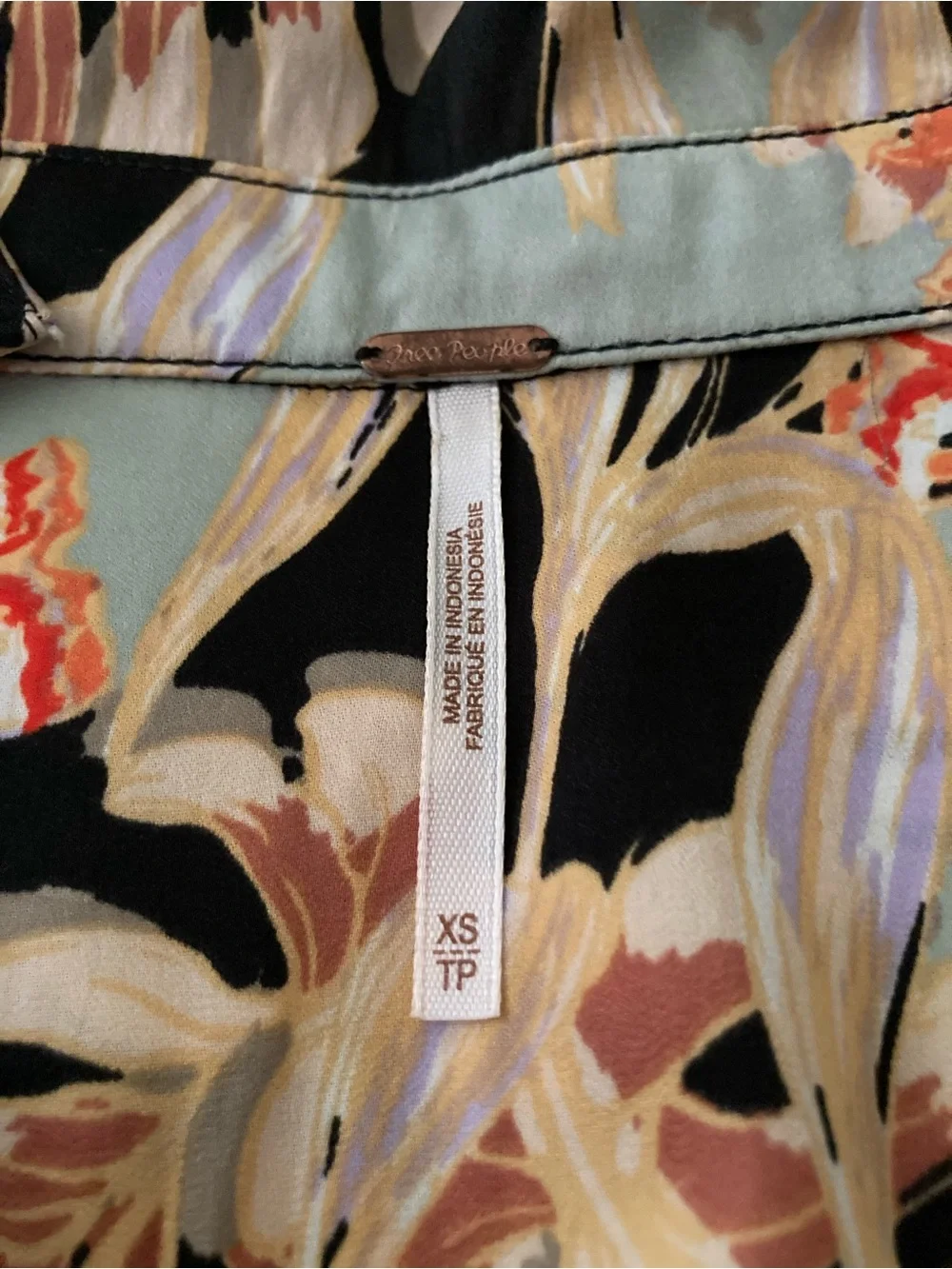 Free People Black Floral Button-Down Shirt with Mint and Coral Accents